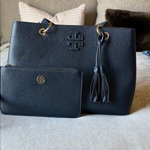 Tory Burch Navy Tote with Tassel and Pouch